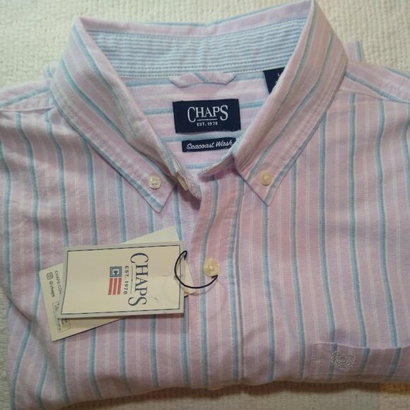 NWT  Chaps  L  Men's  100% cotton button down  pink/blue/white stripe - Picture 1 of 11